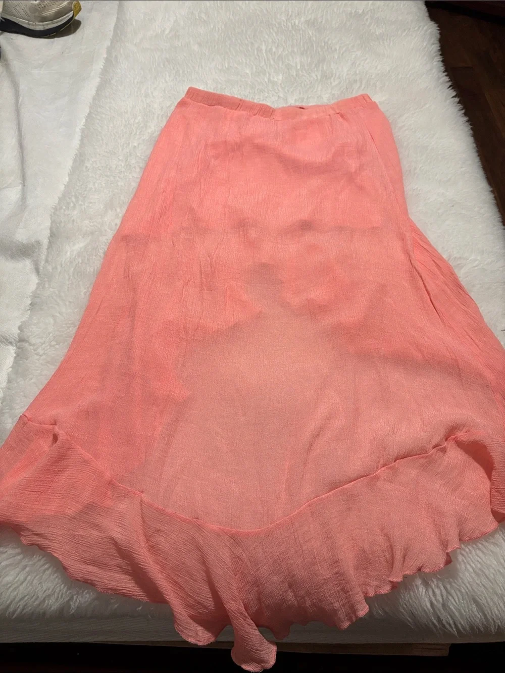 just be Coral Peach High-Low Ruffle Skirt